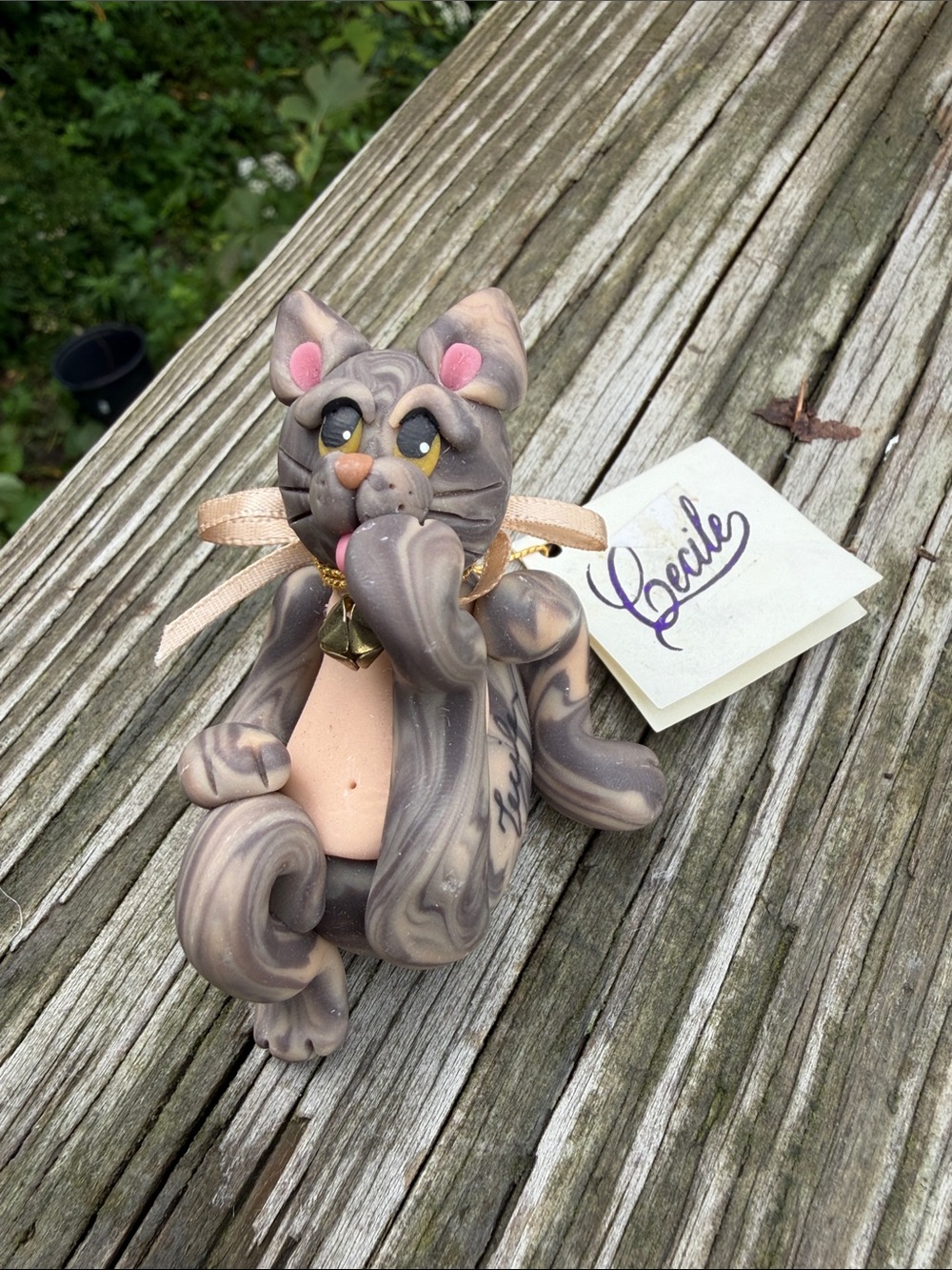 Vintage Cecile Baird 1985-1990 Hand Sculptured Clay Cat With Tags 2.75” Across